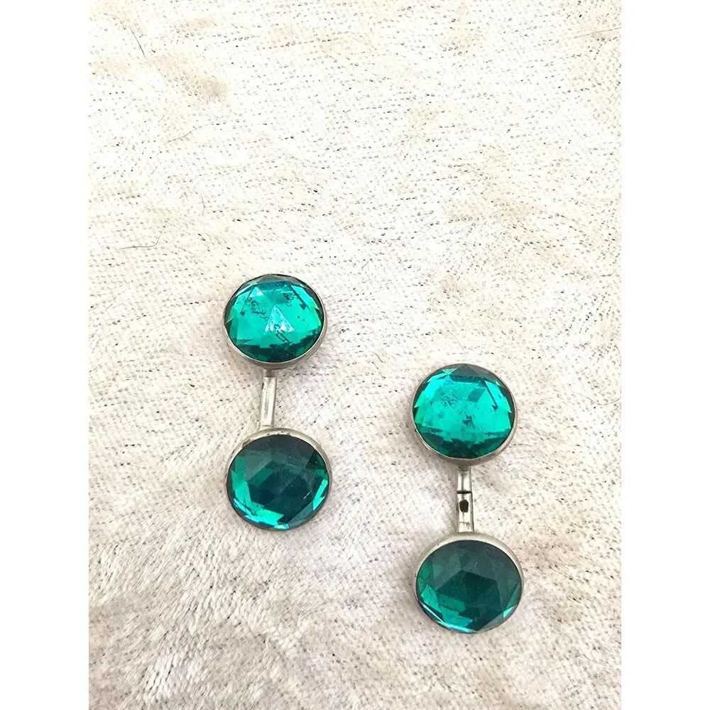 Vintage Green Glass Cufflinks Emerald Color Double Sided Silver Tone Unisex